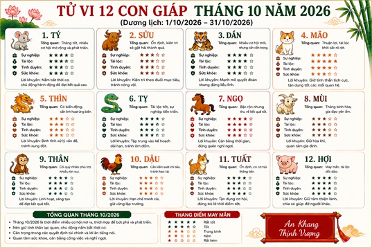 Xem chi tiết tử vi tháng 10/2026 của 12 con giáp: Tuổi Tý, Dần cẩn trọng?