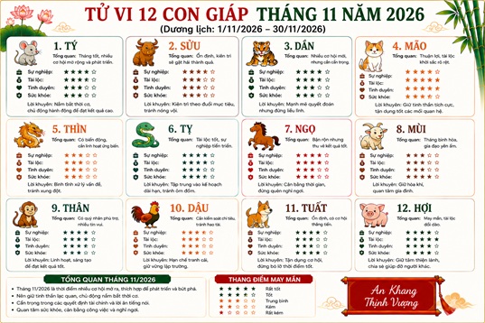 Xem chi tiết tử vi tháng 11/2026 của 12 con giáp: tuổi nào lao đao tình tiền?