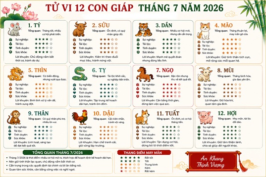 Xem chi tiết tử vi tháng 7/2026 của 12 con giáp: Tuổi nào sẽ gặp khó khăn?