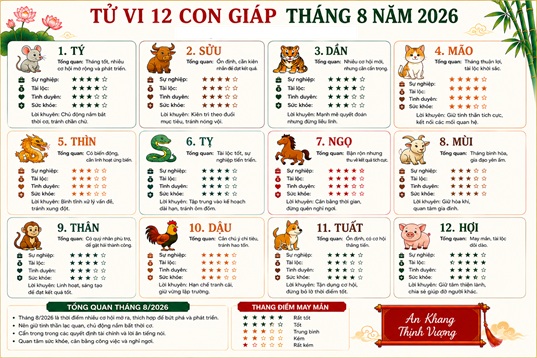 Xem chi tiết tử vi tháng 8/2026 của 12 con giáp: Con giáp nào sẽ gặp thuận lợi may mắn?